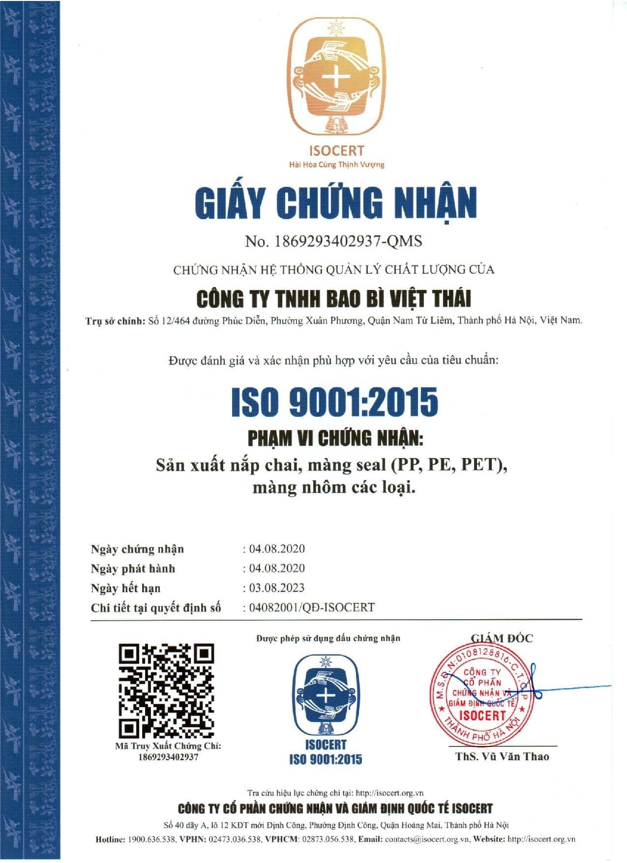 Chứng chỉ ISO của công ty TNHH Bao Bì Việt Thái