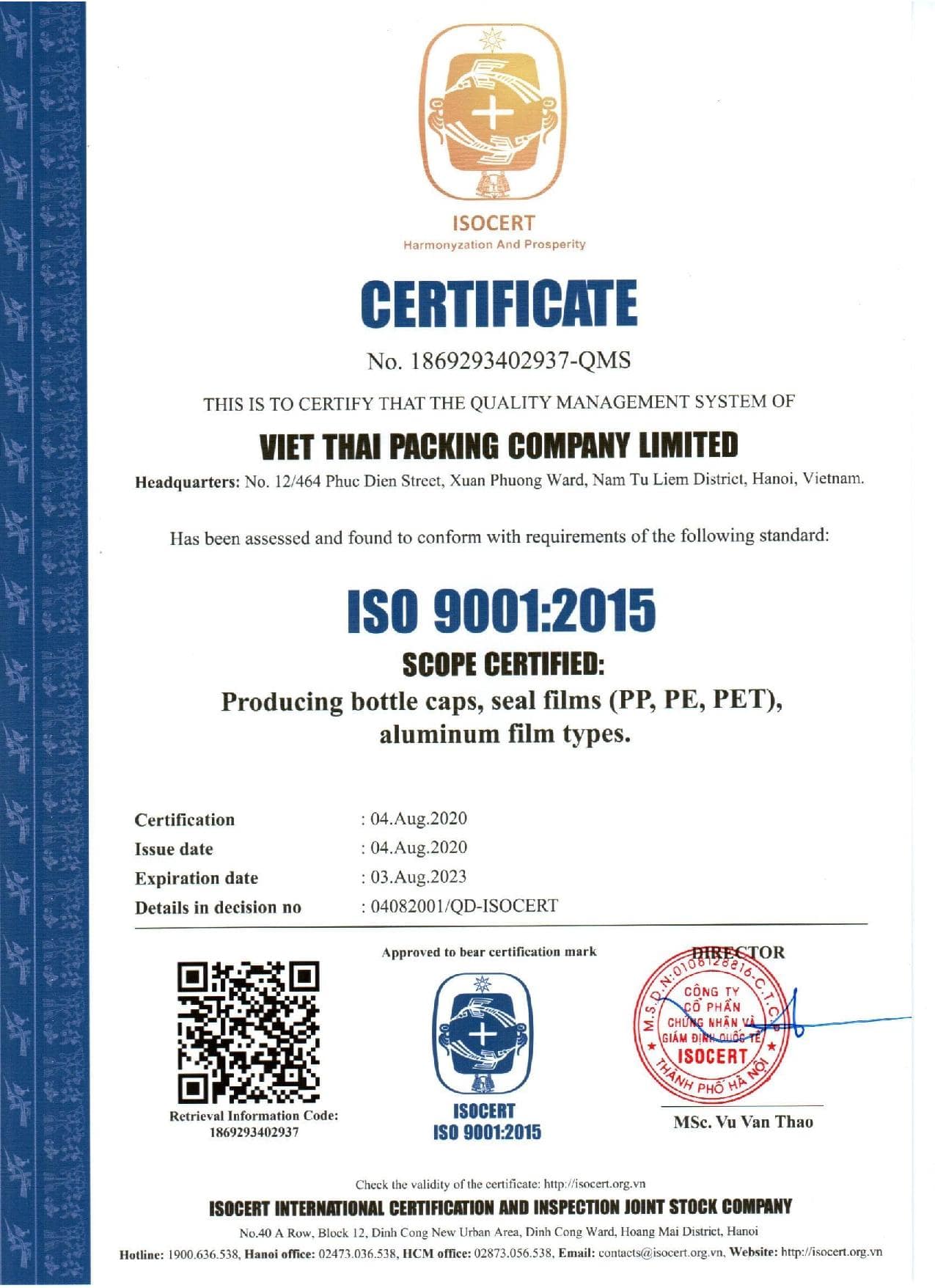 Chứng chỉ ISO của công ty TNHH Bao Bì Việt Thái
